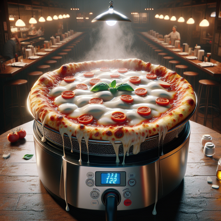 Image of liquid pizza cooked in an air fryer, garnished with cheese and fresh basil.