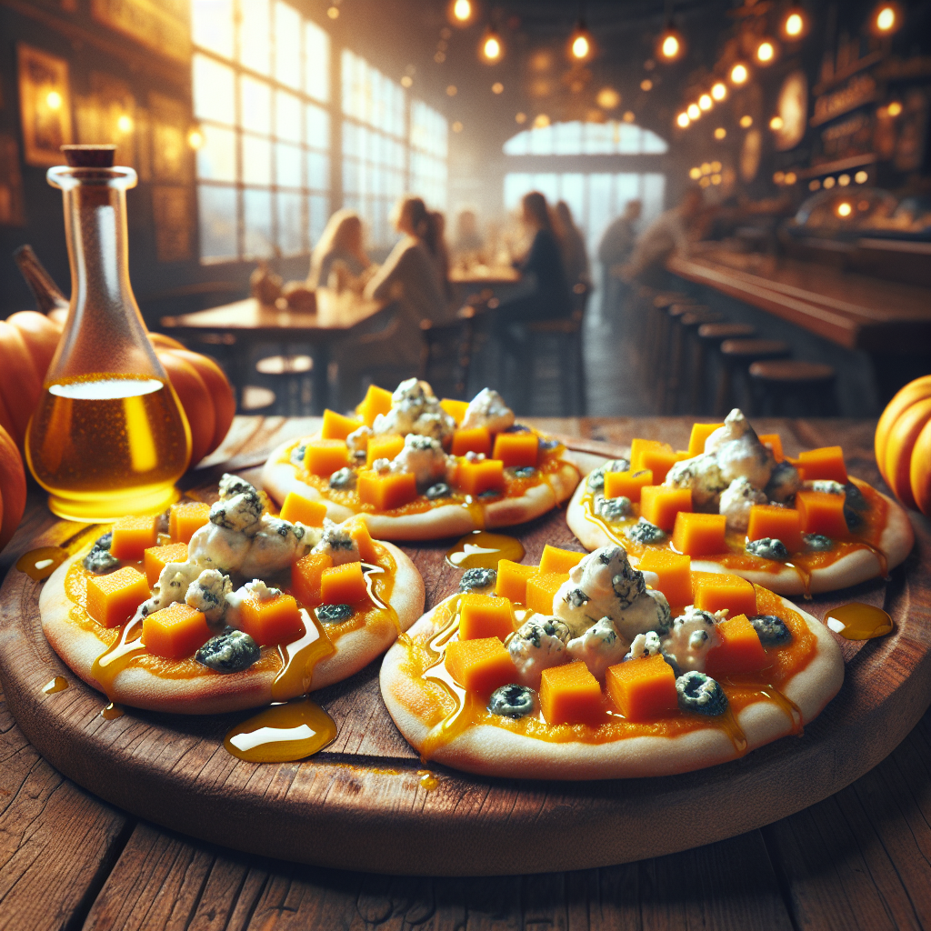 Delicious no-yeast mini pizzas topped with pumpkin and gorgonzola cheese, served on a wooden board.