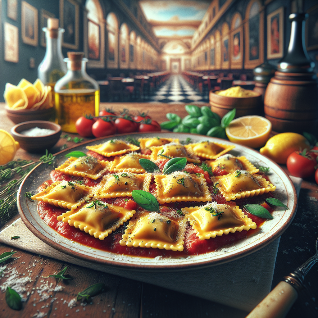 A plate of Original Capri Ravioli served with fresh tomato sauce and garnished with herbs.