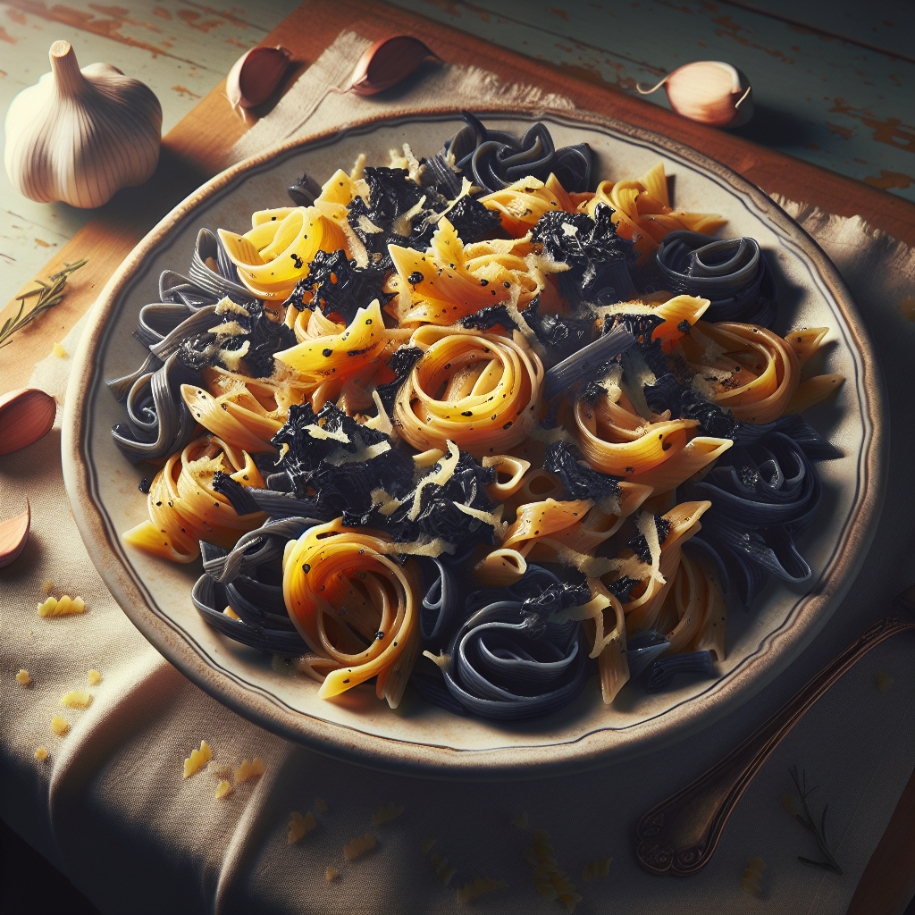 A delicious plate of pasta with black cabbage and stracchino cheese, garnished beautifully.