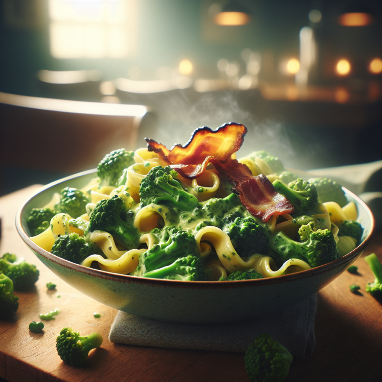 A delicious bowl of pasta with creamy broccoli sauce, fresh spinach, and crispy guanciale.