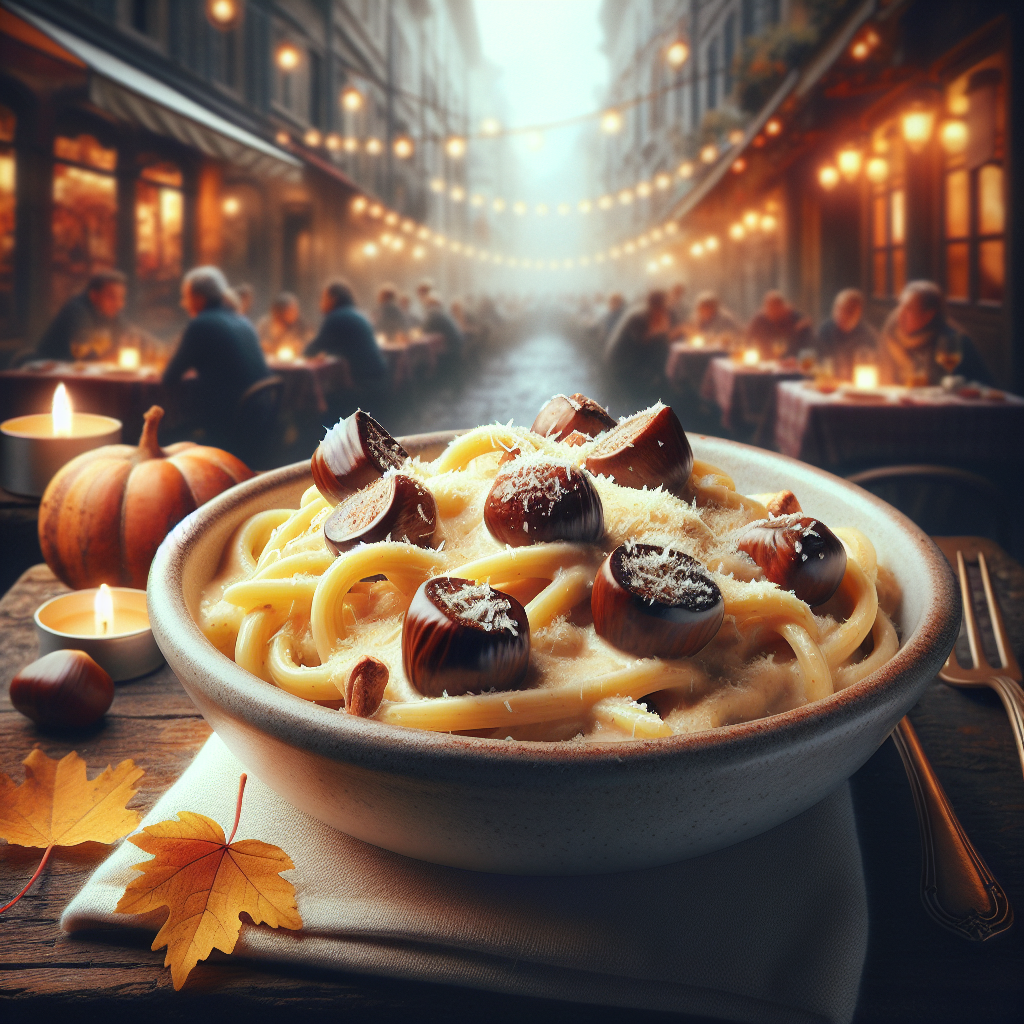 A delicious serving of Pasta with Chestnuts and Parmesan Fondue, showcasing the creamy texture and vibrant flavors of the dish.
