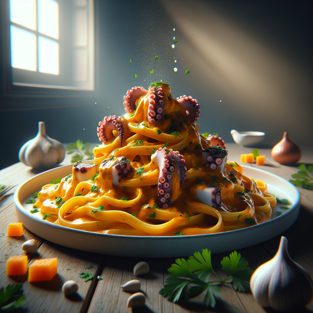 Delicious pasta dish featuring pumpkin cream and octopus, garnished elegantly.