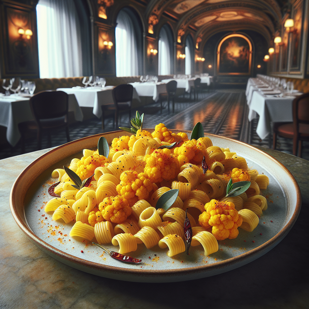 A plate of creamy pasta showcasing yellow cauliflower and saffron, garnished with breadcrumbs and herbs.