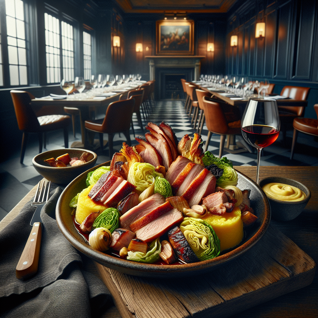 Reinvented Cassoeula with Polenta served in a rustic dish, showcasing the blend of meats and creamy polenta.