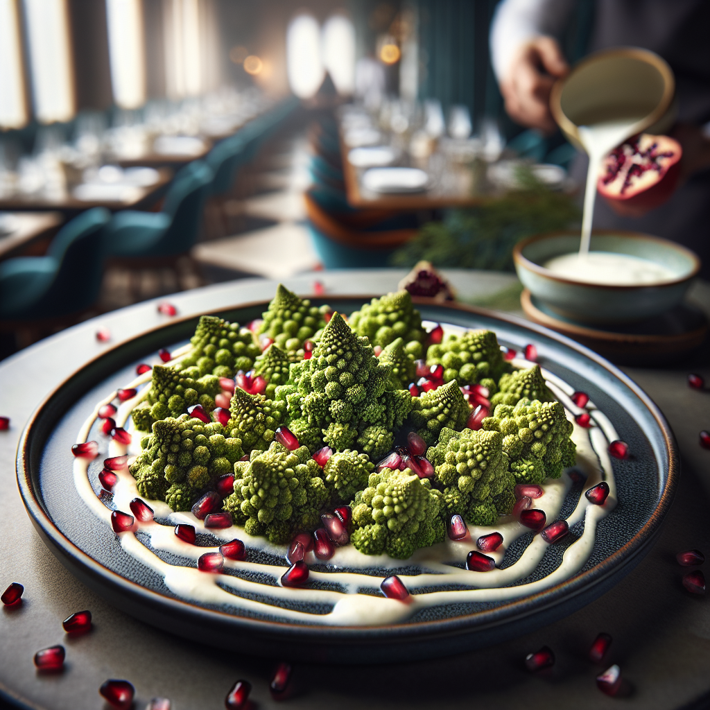 A vibrant dish of risotto featuring Romanesco broccoli, pomegranate seeds, and a drizzle of kefir, beautifully plated.