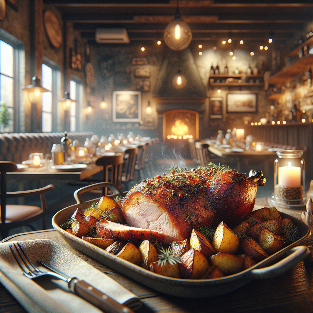 Delicious roasted pork with crispy potatoes, showcasing vibrant herbs and spices.