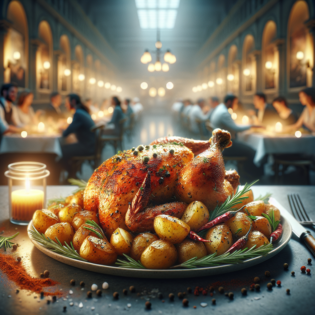 Spicy Roasted Chicken served with golden roasted potatoes, a classic Italian dish.