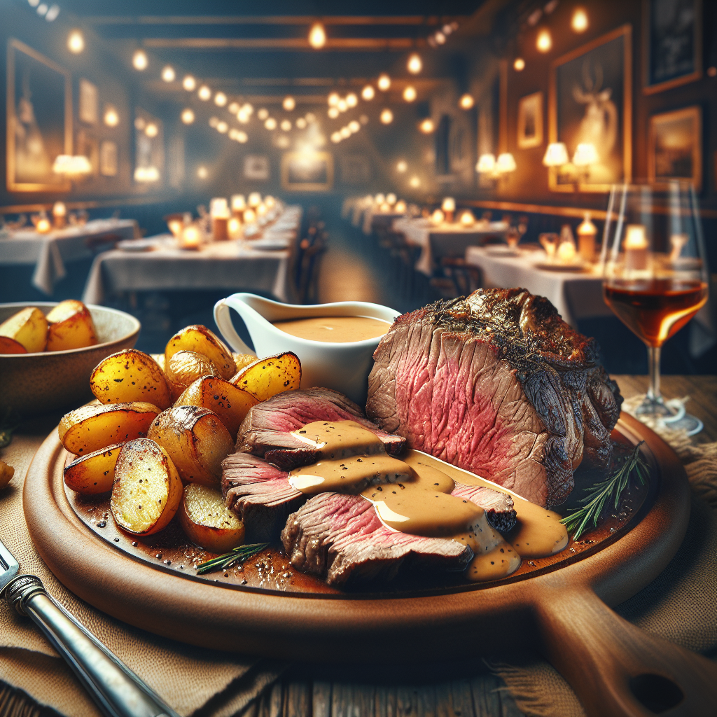 Tender veal roast served with creamy gravy and roasted potatoes.