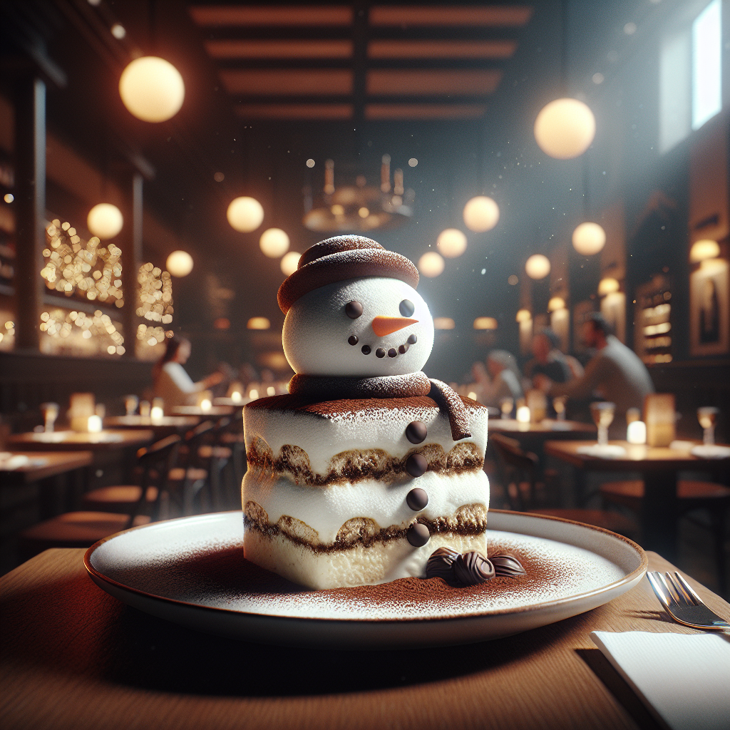 Festive Tiramisù di Natale displayed as a snowman centerpiece.