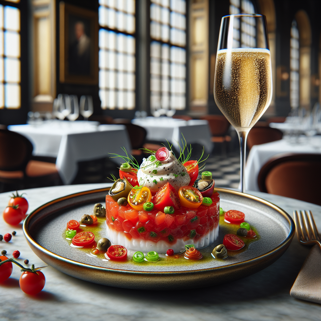 Tomato tartare served elegantly with oyster gelée, showcasing fresh ingredients.