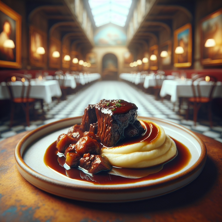A plate of Braised Beef Cheeks served with creamy mashed potatoes.