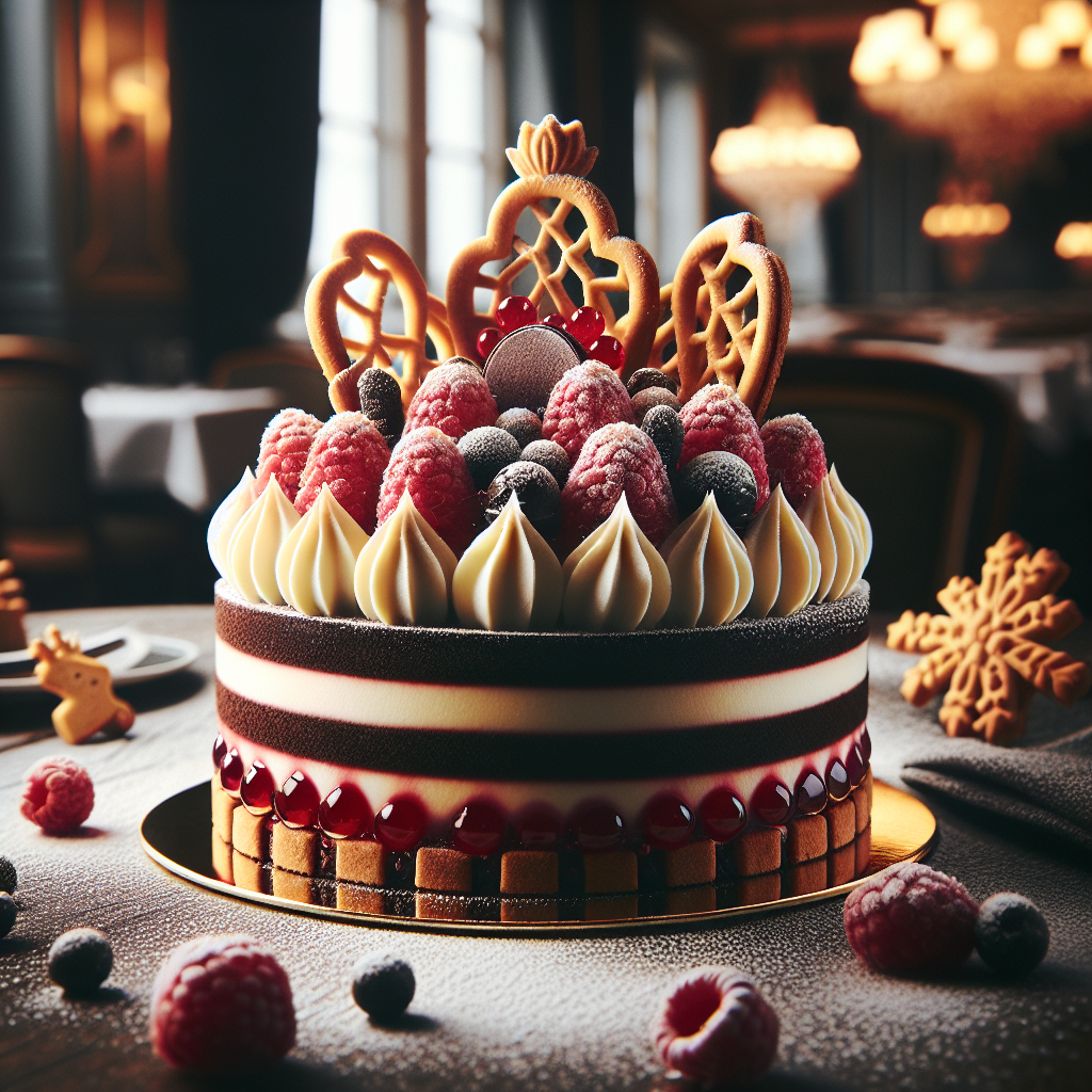 A beautifully decorated Charlotte di Natale with Pavesini, featuring layers of mascarpone cream and chocolate, adorned with red berries.
