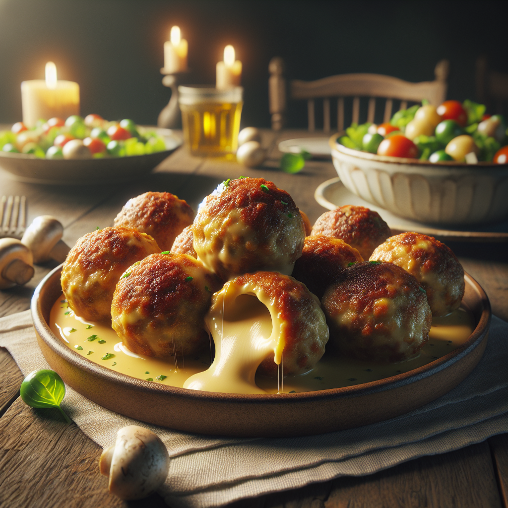Cheesy Mushroom and Potato Meatballs served with salad, representing a delicious Italian dish.