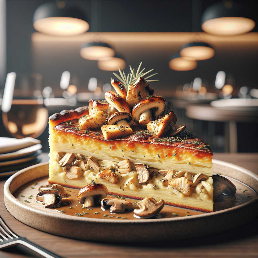 A beautifully baked slice of potato cake topped with chicken and mushrooms, showcasing a golden crust and creamy filling.