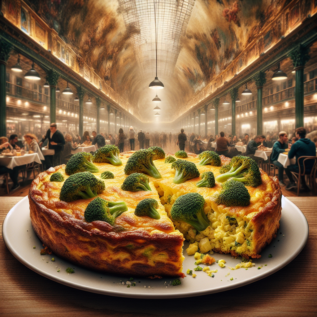 A golden and fluffy Frittata with broccoli served on a plate.