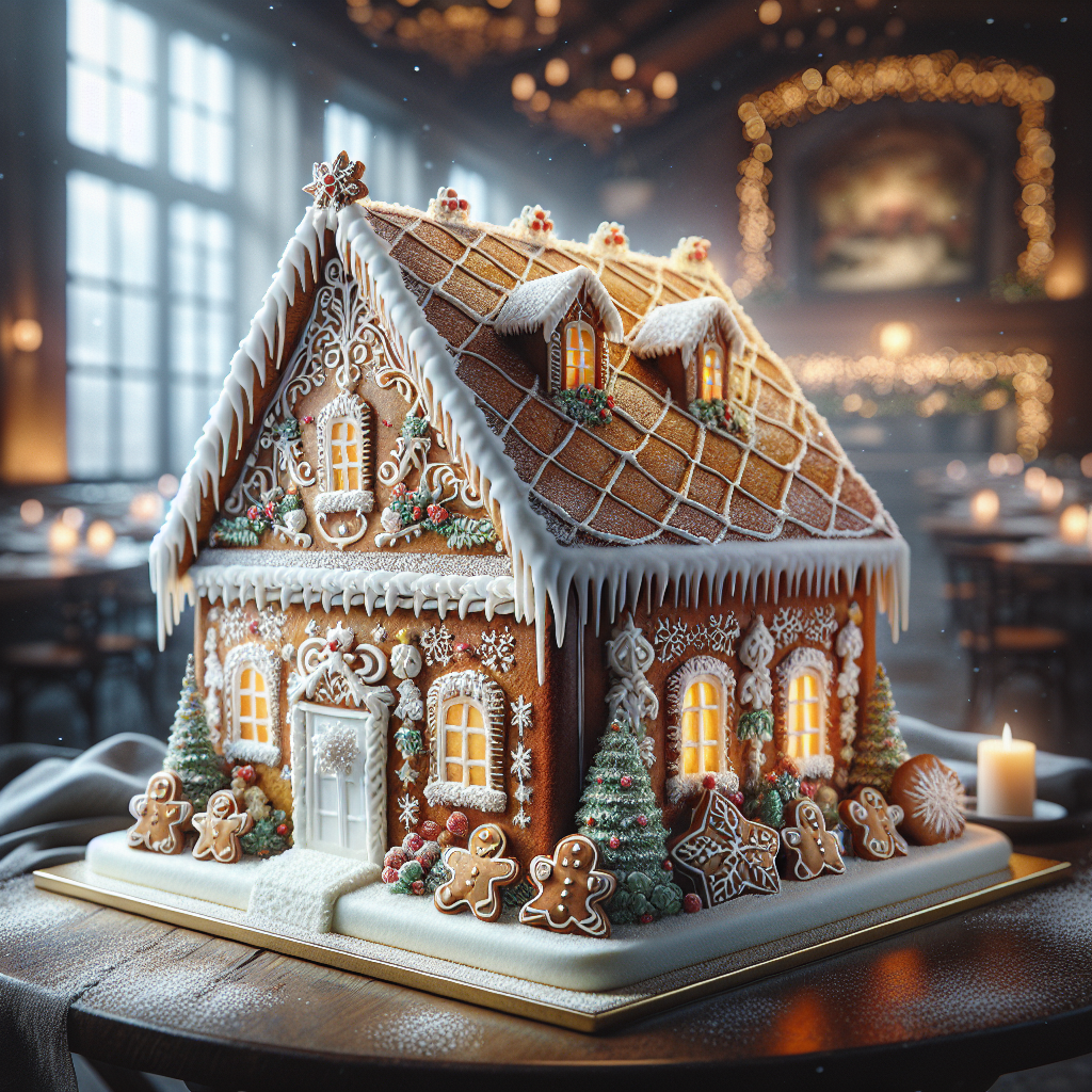 A beautifully decorated Gingerbread House Cake with intricate details and festive decorations.