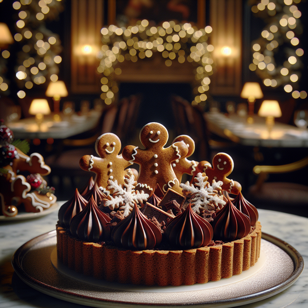 A festive Gingerbread Tart decorated with icing and gingerbread cookies, perfect for holiday gatherings.