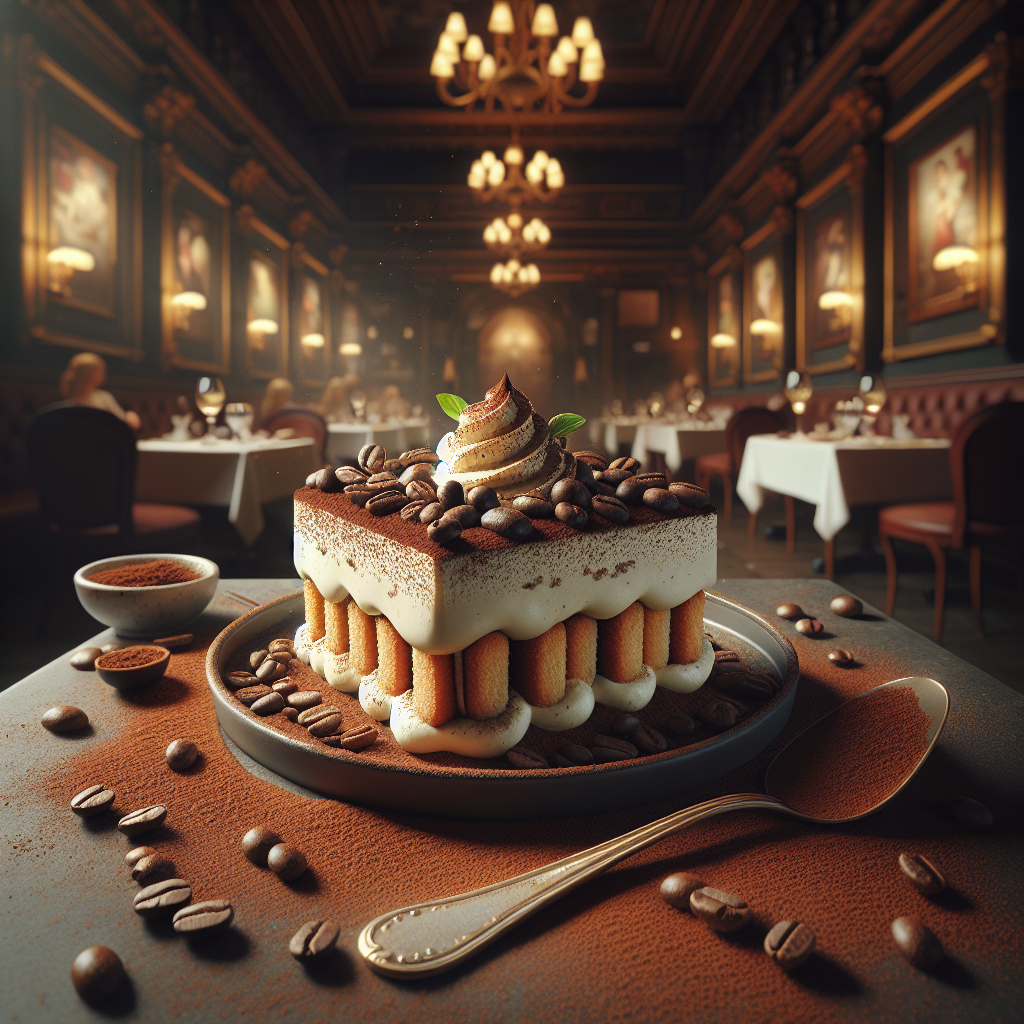 A beautiful layer of gluten-free tiramisu topped with cocoa powder and coffee beans.