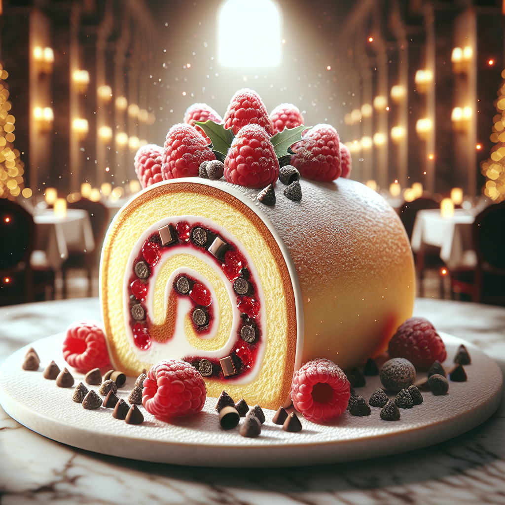 A festive gluten-free and lactose-free Christmas roll decorated with raspberries and chocolate chips.