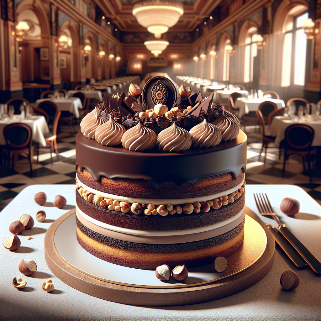 A beautifully decorated hazelnut and chocolate layer cake surrounded by crushed hazelnuts.