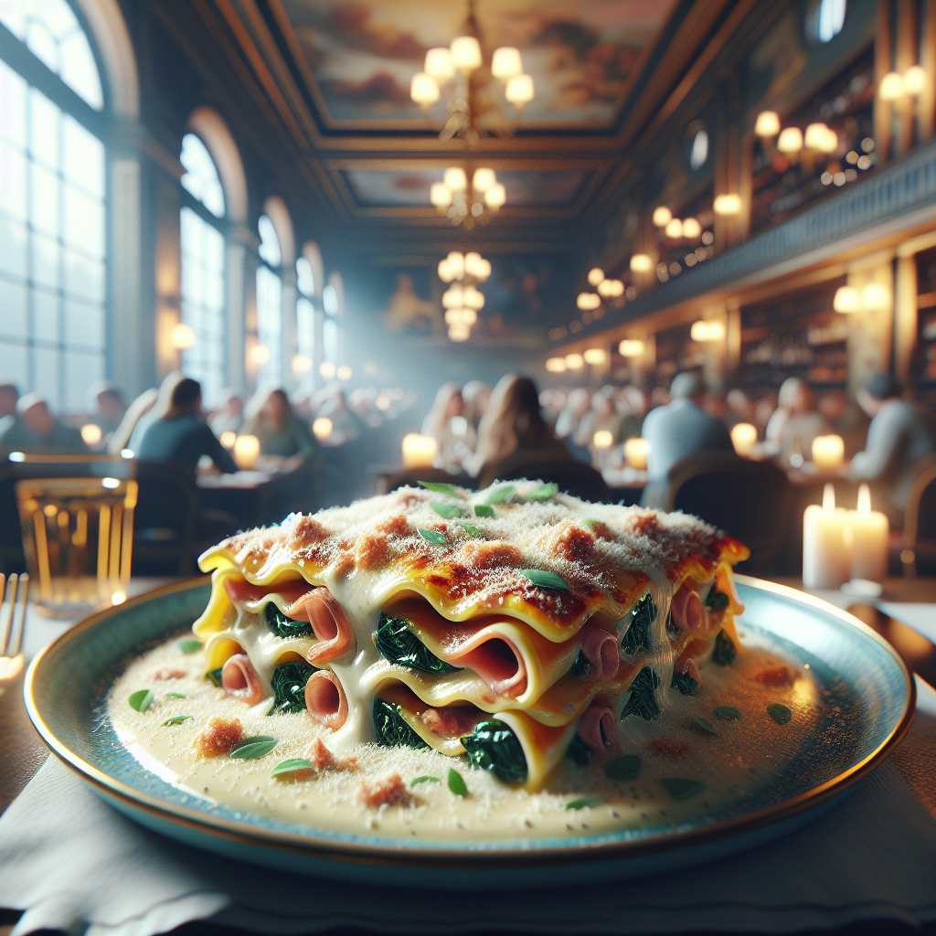 Plate of Lasagna Fagottini filled with prosciutto, spinach, and ricotta topped with creamy sauce.