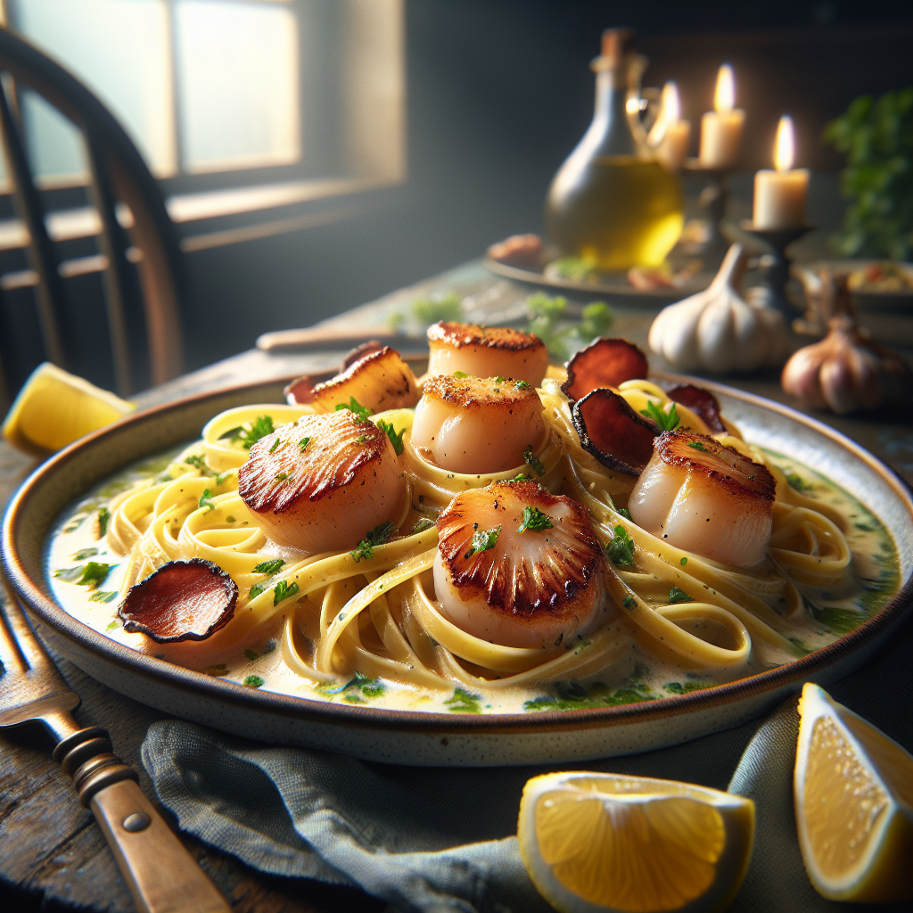 Plate of linguine with scallops and guanciale, garnished with fresh herbs.