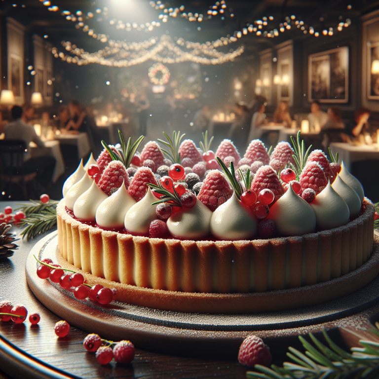 A beautifully decorated no-bake Christmas tart with Pavesini, mascarpone cream, raspberries, and whipped cream garnished with red currants and rosemary.