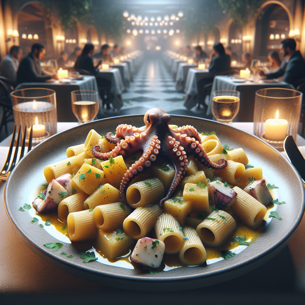 A delicious plate of Paccheri with Octopus and Potatoes, garnished with parsley.