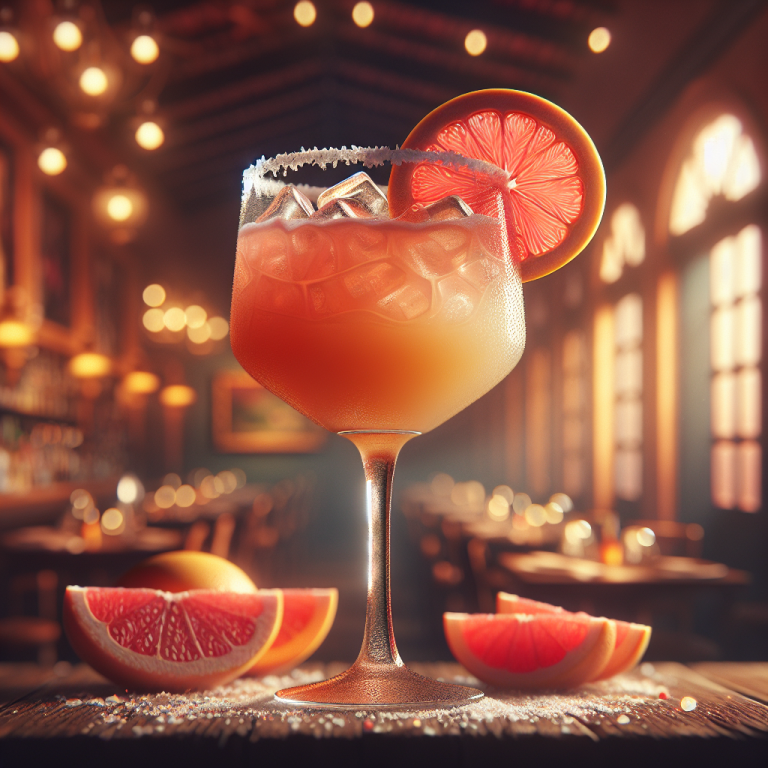 A refreshing Paloma cocktail garnished with a slice of grapefruit, served in a stylish glass.