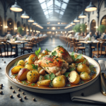 A beautifully plated dish of Pollo e Patate in Padella, featuring succulent chicken and golden potatoes garnished with herbs.