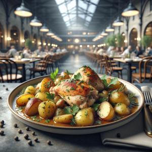 A beautifully plated dish of Pollo e Patate in Padella, featuring succulent chicken and golden potatoes garnished with herbs.