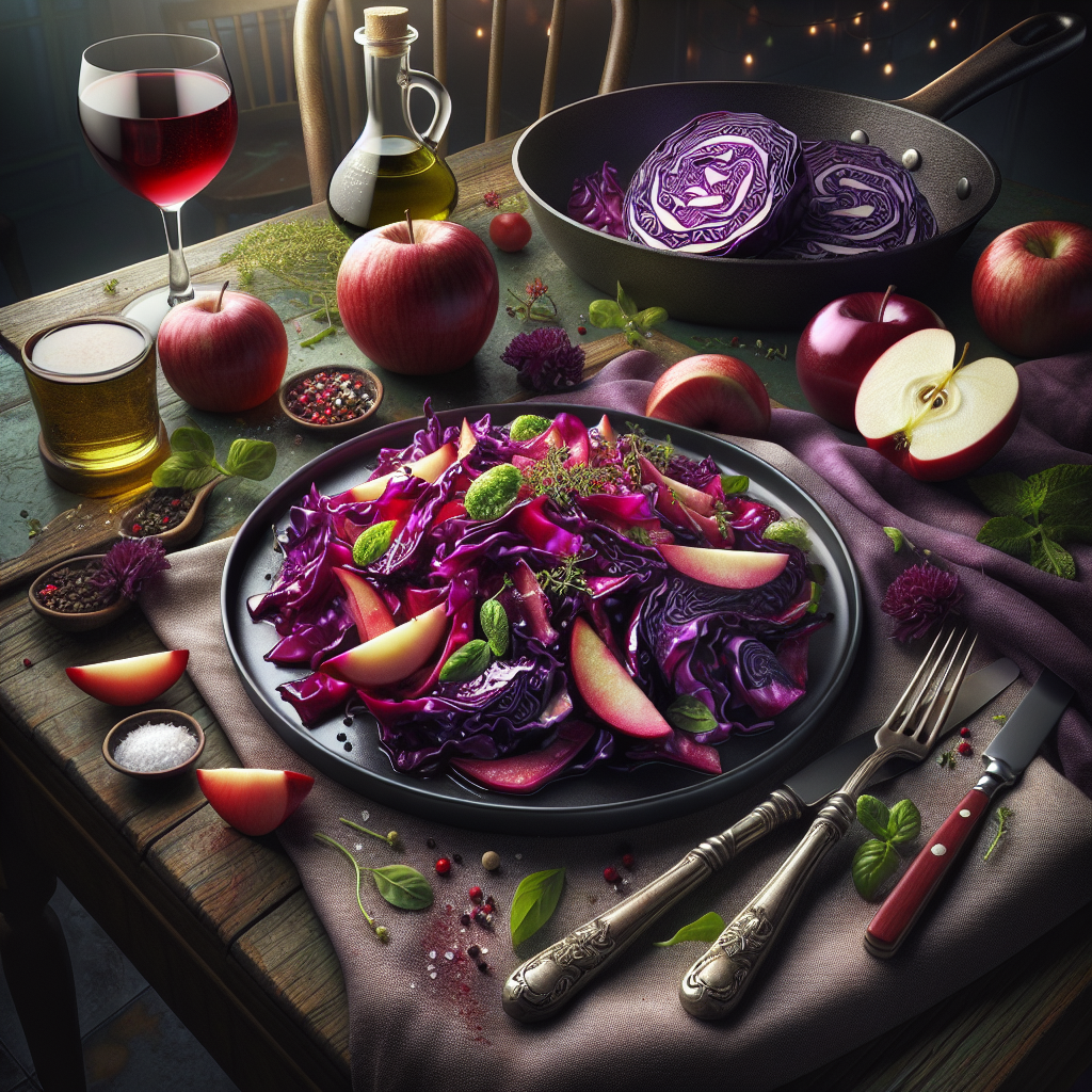 Plate of sautéed red cabbage garnished with herbs, showcasing vibrant colors.