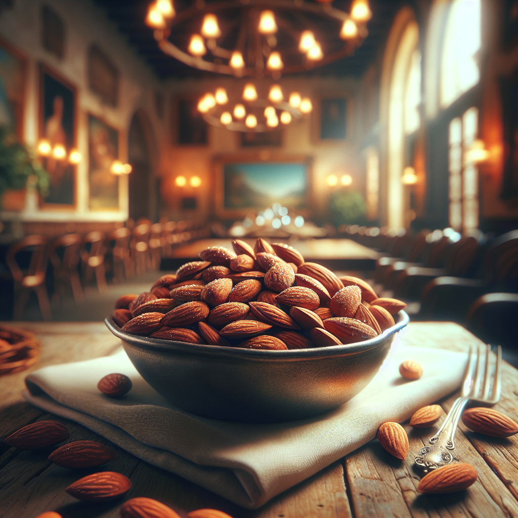 Bowl of roasted almonds, a healthy Italian snack.