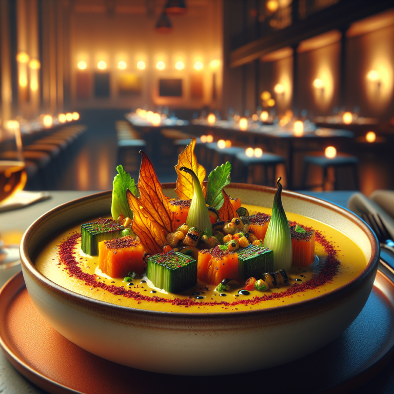 Roasted pumpkin cream served with crunchy vegetables in a modern Italian dish.