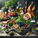 A bowl of salsa verde without eggs served with various dishes.