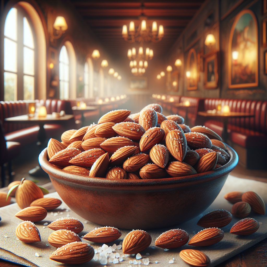 A bowl of crunchy salted almonds, a popular Italian recipe for a delicious snack.