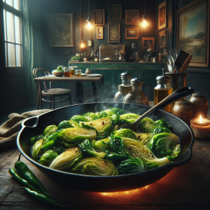 A delicious serving of sautéed cabbage in a rustic kitchen setting.