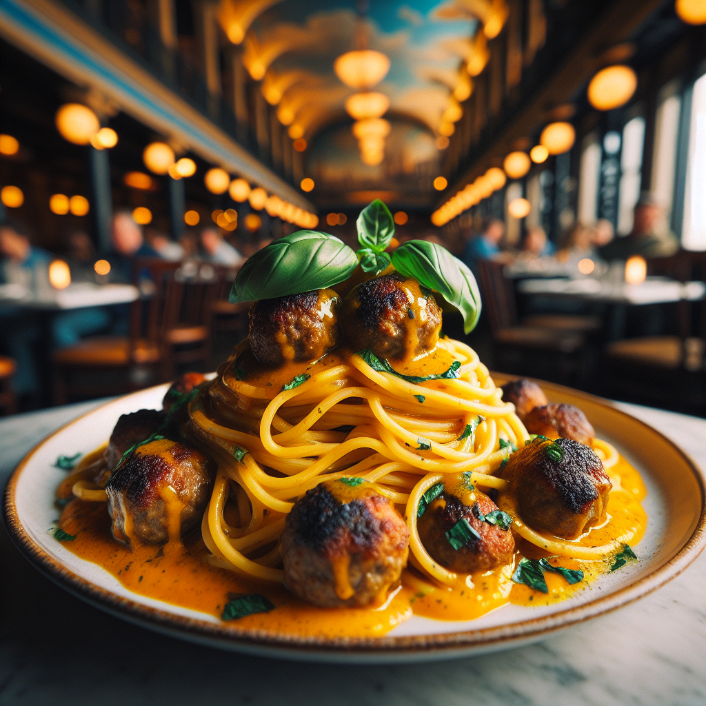 Plate of spaghetti with sausage meatballs and yellow tomato sauce garnished with fresh basil.