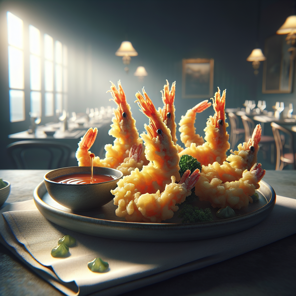 Deliciously crispy tempura shrimp served with sweet and sour sauce, perfect for appetizers.