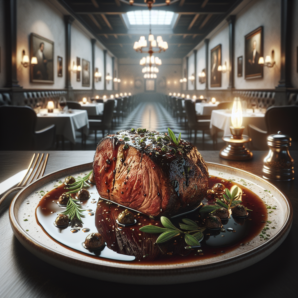 A beautifully plated Veal Roast with Marsala sauce, garnished with herbs.
