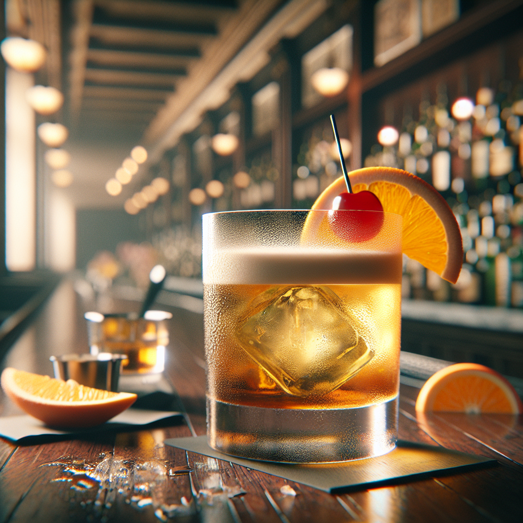 A beautifully crafted Whiskey Sour cocktail garnished with an orange slice and maraschino cherry, set on a wooden bar.