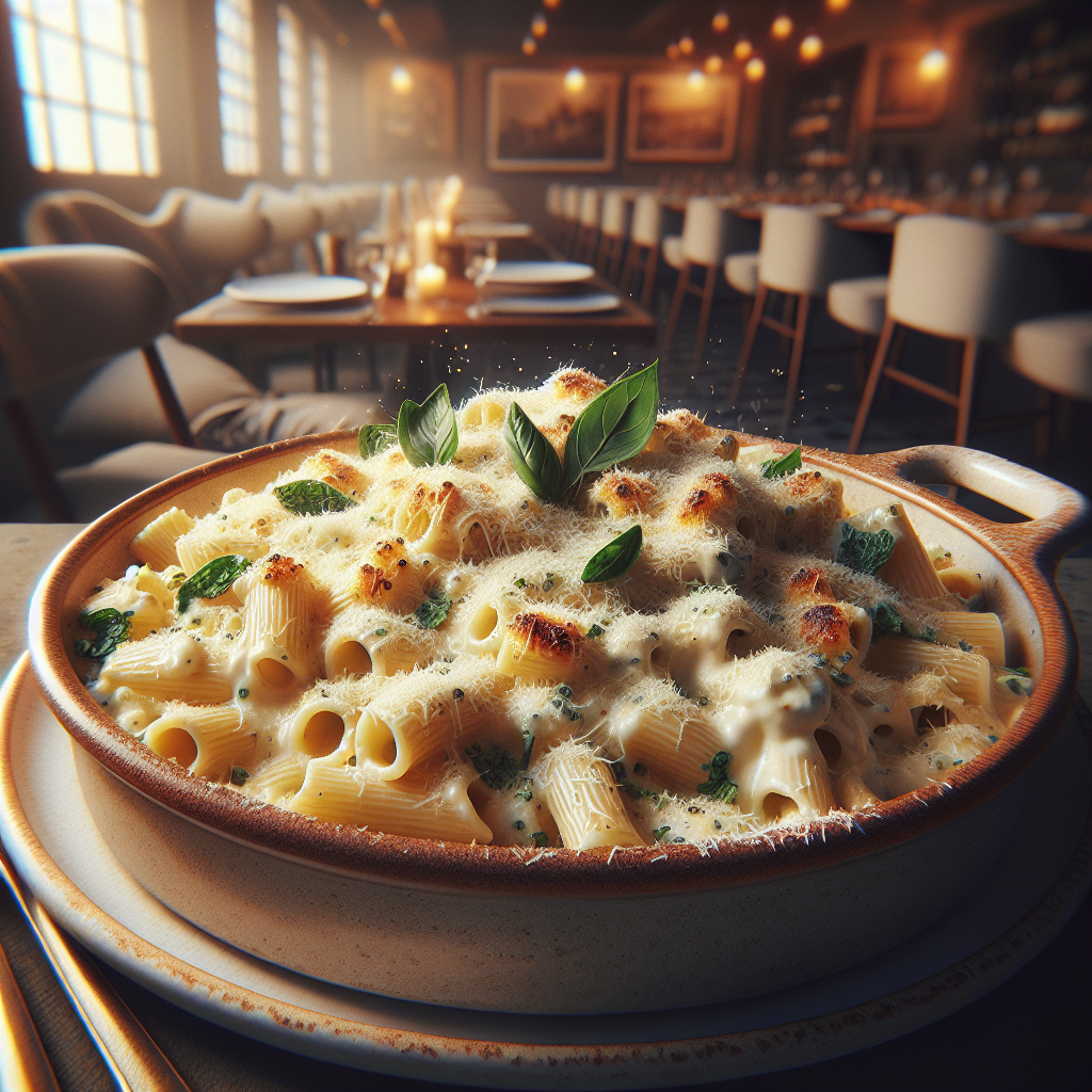A delicious serving of Ziti al Forno in Bianco, topped with white sauce and cheese, showcasing a creamy pasta dish.