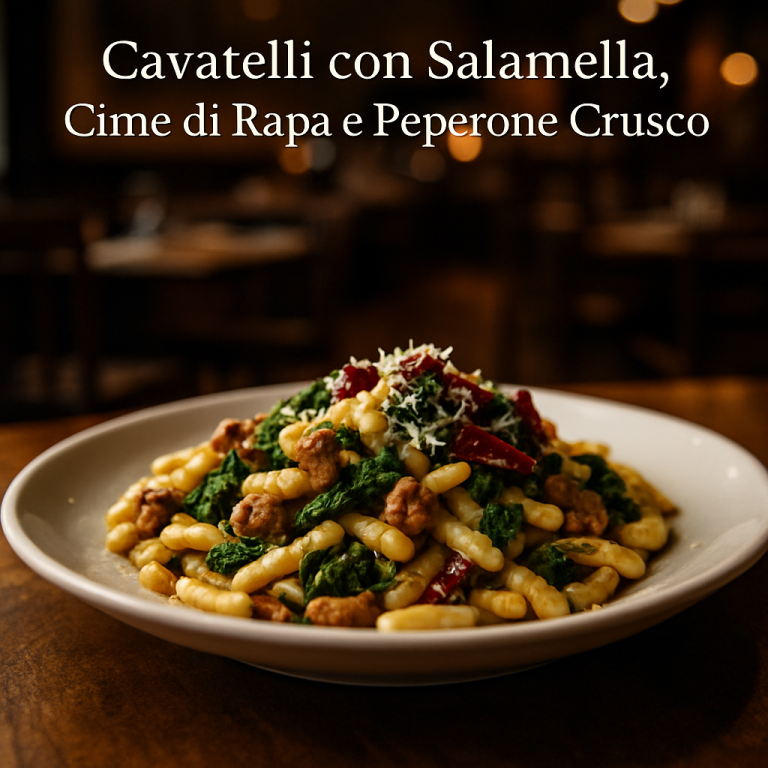 Cavatelli with Sausage, Turnip Greens, and Peperone Crusco on a plate.
