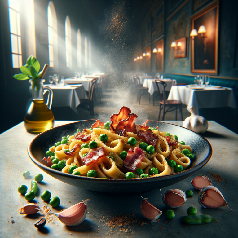 A delicious serving of Pici with coffee, aglione, bacon, and peas, garnished and ready to enjoy.