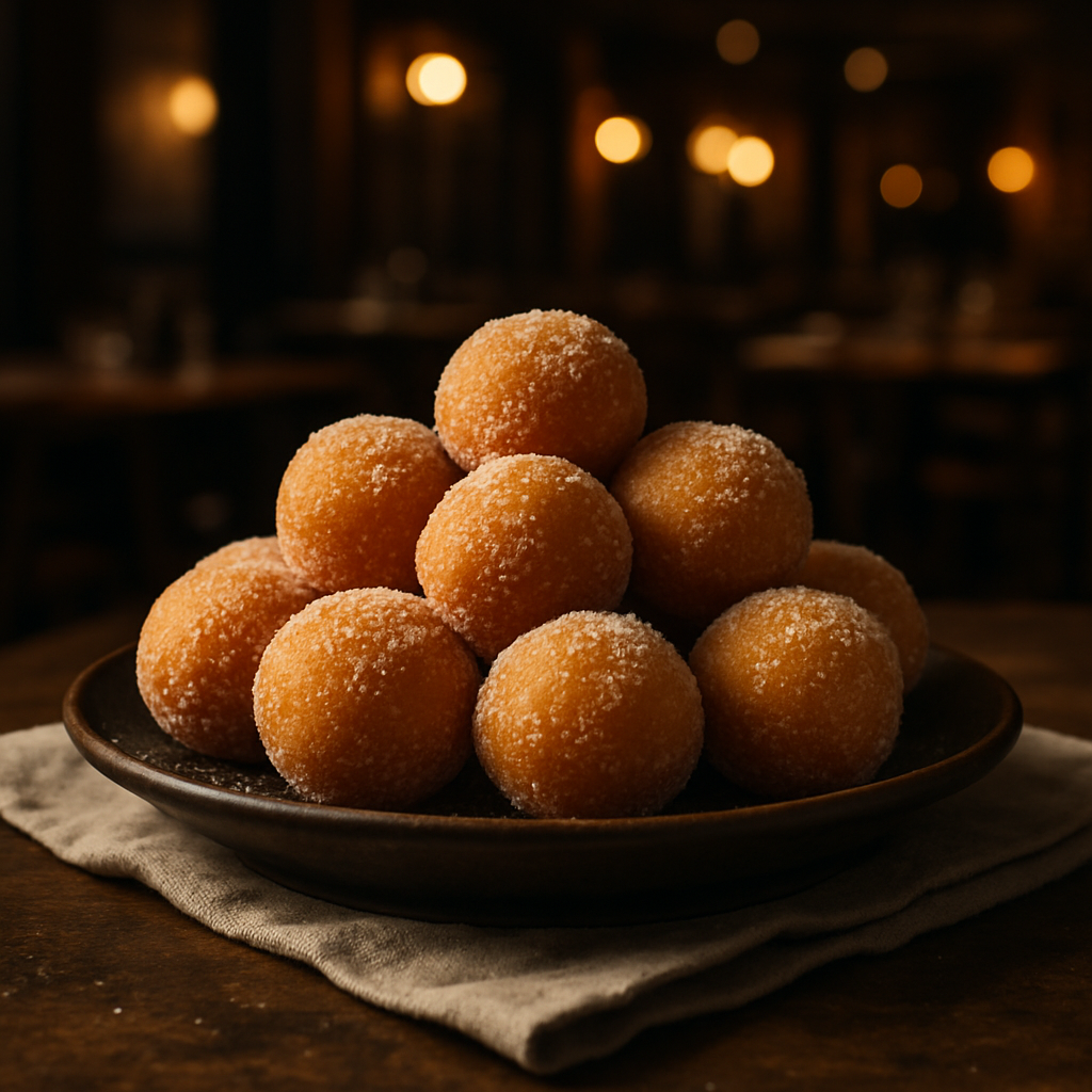 A plate of golden air fryer castagnole, a light Italian dessert.