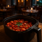 Confit cherry tomatoes in an air fryer, garnished with herbs.