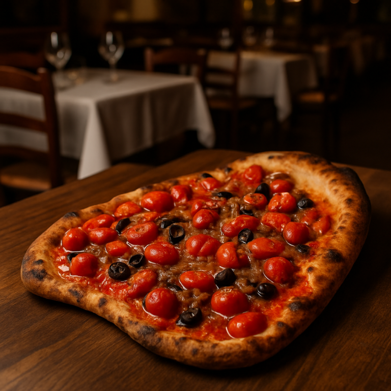 Asymmetric Tomato Pizza topped with fresh tomatoes and traditional ingredients.