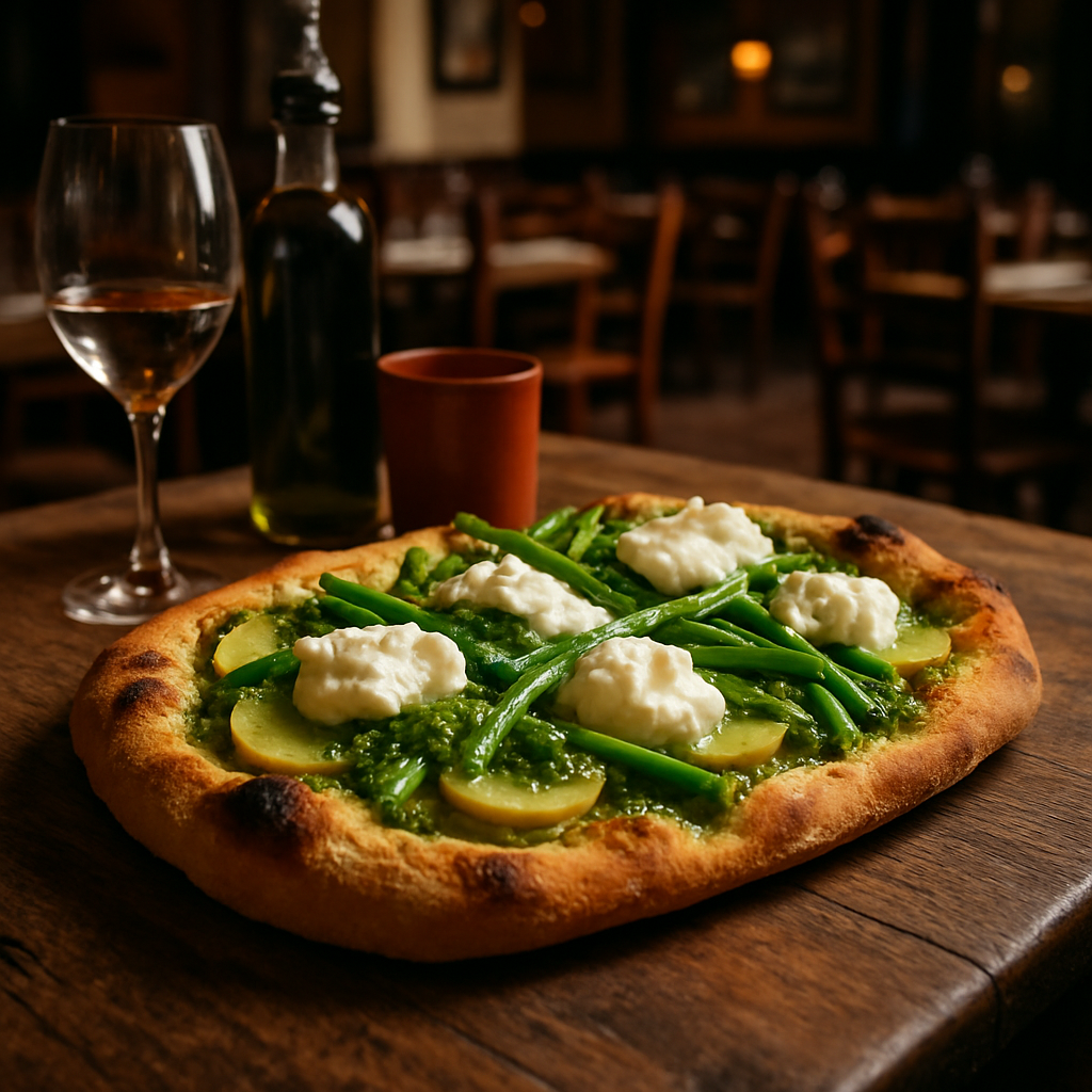 Pinsa Genovese topped with pesto, potatoes, and green beans.