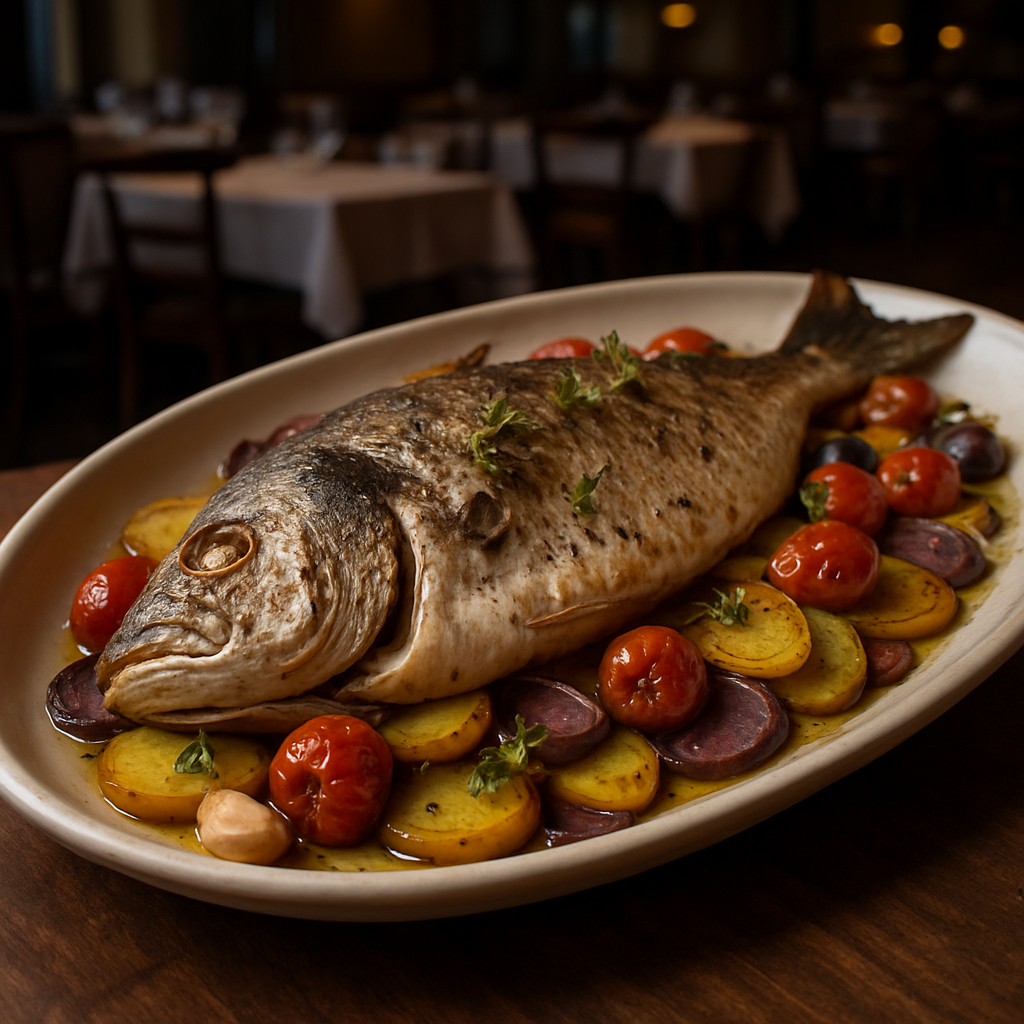 Baked Sea Bream with Potatoes on a serving dish.